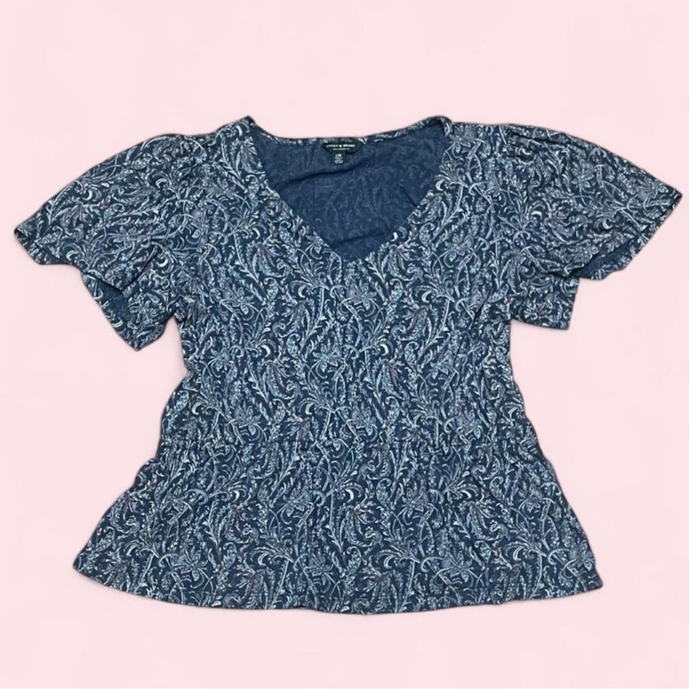 Lucky Brand Boho Peasant Blouse Navy Floral Paisley V-Neck Size L